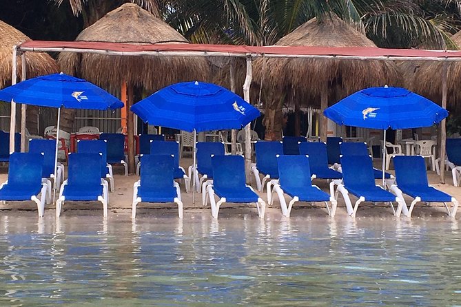 ADULTS GOLD A day at the beach at Los Arrecifes Restaurant-Open Bar And Massage. - Playa Mahahual beach setup: palapas, chairs, showers, and Wi-Fi